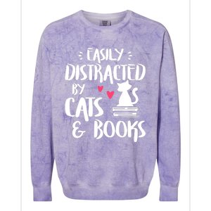 Easily Distracted By Cats And Books Cat & Book Lover Colorblast Crewneck Sweatshirt