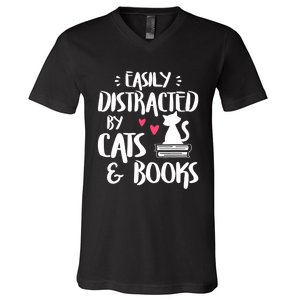 Easily Distracted By Cats And Books Cat & Book Lover V-Neck T-Shirt