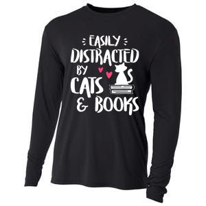 Easily Distracted By Cats And Books Cat & Book Lover Cooling Performance Long Sleeve Crew