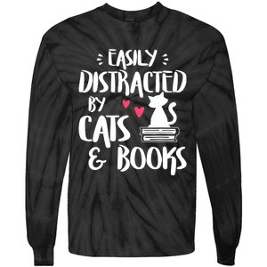 Easily Distracted By Cats And Books Cat & Book Lover Tie-Dye Long Sleeve Shirt