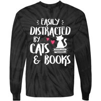 Easily Distracted By Cats And Books Cat & Book Lover Tie-Dye Long Sleeve Shirt