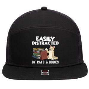 Easily Distracted By Cats And Books Funny Cat & Book Lover 7 Panel Mesh Trucker Snapback Hat