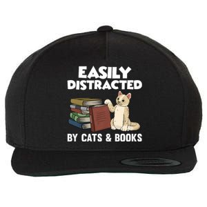 Easily Distracted By Cats And Books Funny Cat & Book Lover Wool Snapback Cap