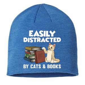 Easily Distracted By Cats And Books Funny Cat & Book Lover Sustainable Beanie