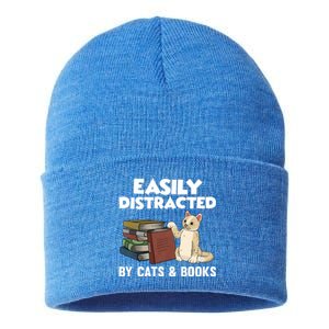 Easily Distracted By Cats And Books Funny Cat & Book Lover Sustainable Knit Beanie