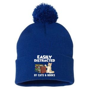 Easily Distracted By Cats And Books Funny Cat & Book Lover Pom Pom 12in Knit Beanie