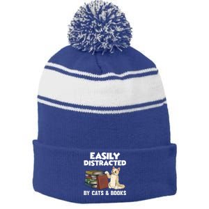 Easily Distracted By Cats And Books Funny Cat & Book Lover Stripe Pom Pom Beanie