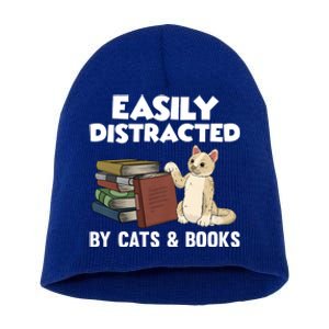 Easily Distracted By Cats And Books Funny Cat & Book Lover Short Acrylic Beanie