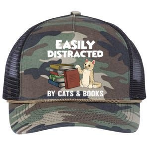 Easily Distracted By Cats And Books Funny Cat & Book Lover Retro Rope Trucker Hat Cap