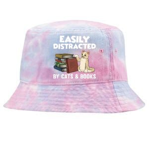 Easily Distracted By Cats And Books Funny Cat & Book Lover Tie-Dyed Bucket Hat