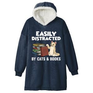 Easily Distracted By Cats And Books Funny Cat & Book Lover Hooded Wearable Blanket