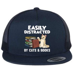 Easily Distracted By Cats And Books Funny Cat & Book Lover Flat Bill Trucker Hat