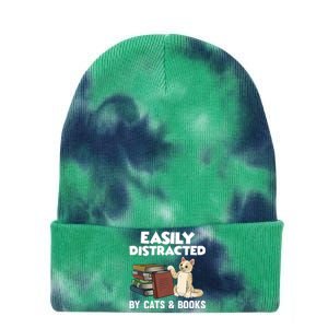 Easily Distracted By Cats And Books Funny Cat & Book Lover Tie Dye 12in Knit Beanie