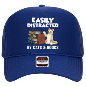 Easily Distracted By Cats And Books Funny Cat & Book Lover High Crown Mesh Back Trucker Hat