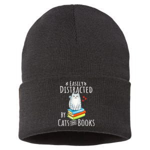 Easily Distracted By Cats And Books Funny Cat & Book Lover Sustainable Knit Beanie