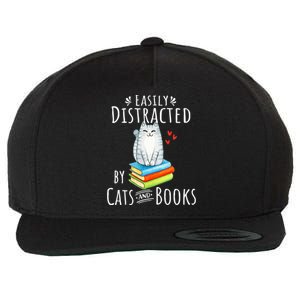 Easily Distracted By Cats And Books Funny Cat & Book Lover Wool Snapback Cap