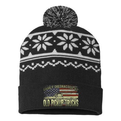 Easily Distracted By Old Pickup Trucks American Flag Truck USA-Made Snowflake Beanie