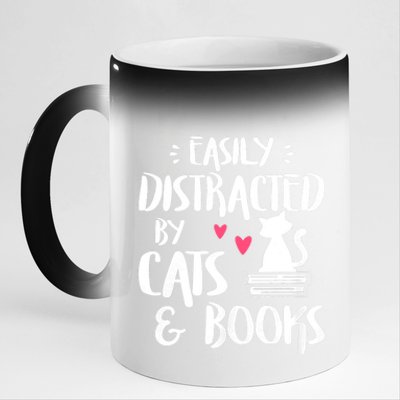 Easily Distracted By Cats And Books Funny Cat & Book Lover 11oz Black Color Changing Mug