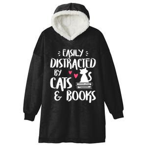 Easily Distracted By Cats And Books Funny Cat & Book Lover Hooded Wearable Blanket