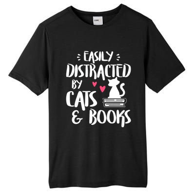 Easily Distracted By Cats And Books Funny Cat & Book Lover Tall Fusion ChromaSoft Performance T-Shirt