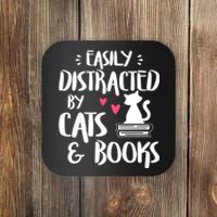 Easily Distracted By Cats And Books Funny Cat & Book Lover Coaster