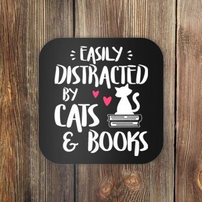 Easily Distracted By Cats And Books Funny Cat & Book Lover Coaster