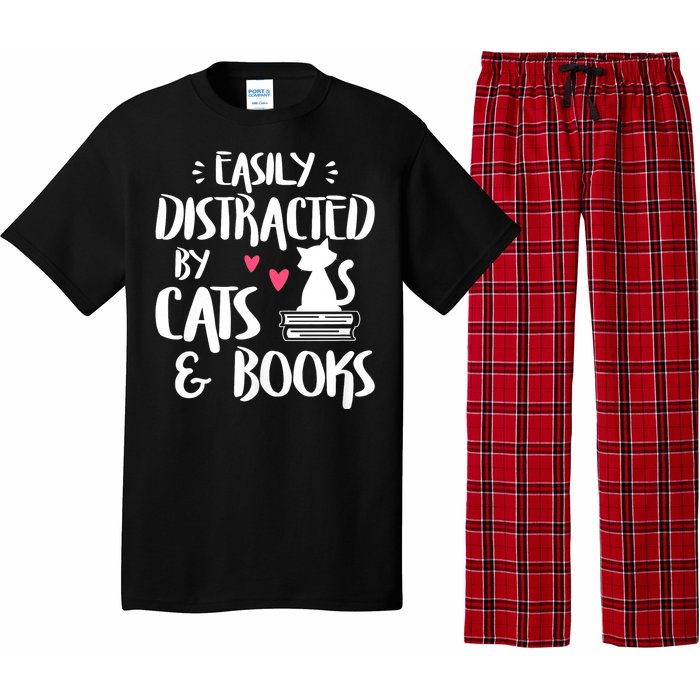 Easily Distracted By Cats And Books Funny Cat & Book Lover Pajama Set