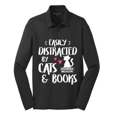 Easily Distracted By Cats And Books Funny Cat & Book Lover Silk Touch Performance Long Sleeve Polo