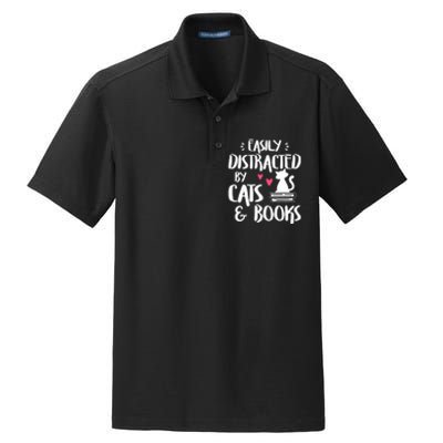 Easily Distracted By Cats And Books Funny Cat & Book Lover Dry Zone Grid Polo