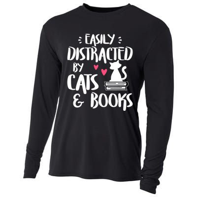 Easily Distracted By Cats And Books Funny Cat & Book Lover Cooling Performance Long Sleeve Crew