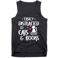 Easily Distracted By Cats And Books Funny Cat & Book Lover Tank Top