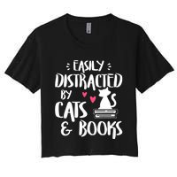 Easily Distracted By Cats And Books Funny Cat & Book Lover Women's Crop Top Tee