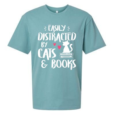 Easily Distracted By Cats And Books Funny Cat & Book Lover Sueded Cloud Jersey T-Shirt