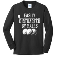 Easily Distracted by Balls Golf Ball Putt Vintage Funny Golf Kids Long Sleeve Shirt