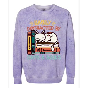 Easily Distracted By Cats And Books Cat & Book Lover Colorblast Crewneck Sweatshirt