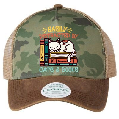 Easily Distracted By Cats And Books Cat & Book Lover Legacy Tie Dye Trucker Hat
