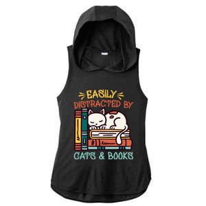 Easily Distracted By Cats And Books Cat & Book Lover Ladies PosiCharge Tri-Blend Wicking Draft Hoodie Tank