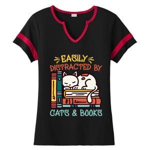 Easily Distracted By Cats And Books Cat & Book Lover Ladies Halftime Notch Neck Tee