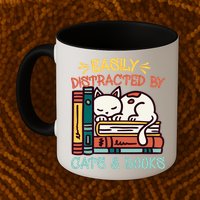 Easily Distracted By Cats And Books Cat & Book Lover Mug