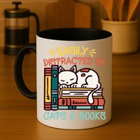 Easily Distracted By Cats And Books Cat & Book Lover Mug