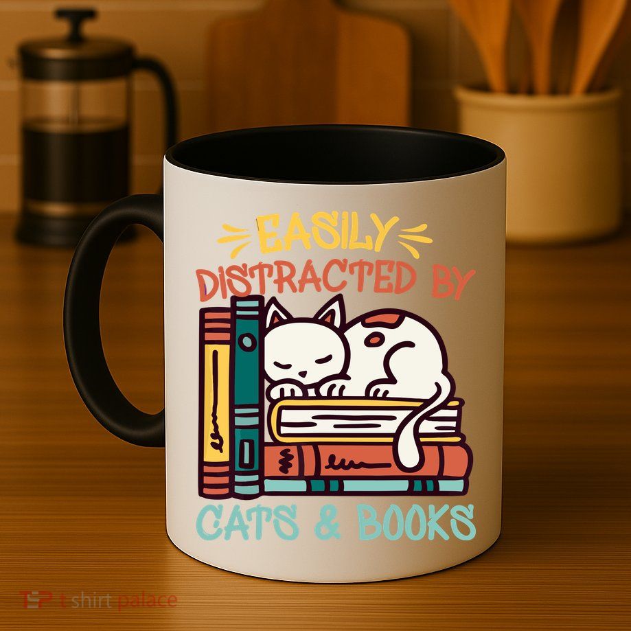 Easily Distracted By Cats And Books Cat & Book Lover Mug