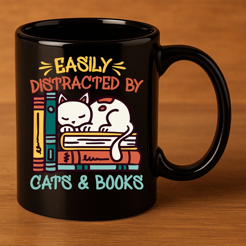 Easily Distracted By Cats And Books Cat & Book Lover 11oz C Handle Ceramic Mug
