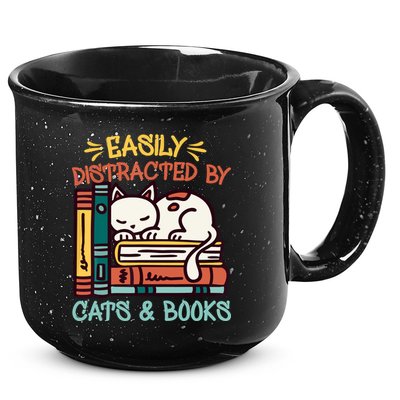 Easily Distracted By Cats And Books Cat & Book Lover 15oz Campfire Ceramic Mug