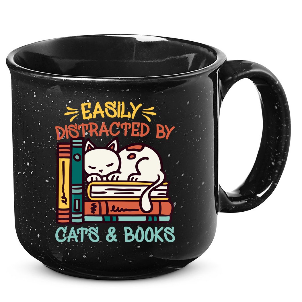 Easily Distracted By Cats And Books Cat & Book Lover 15oz Campfire Ceramic Mug