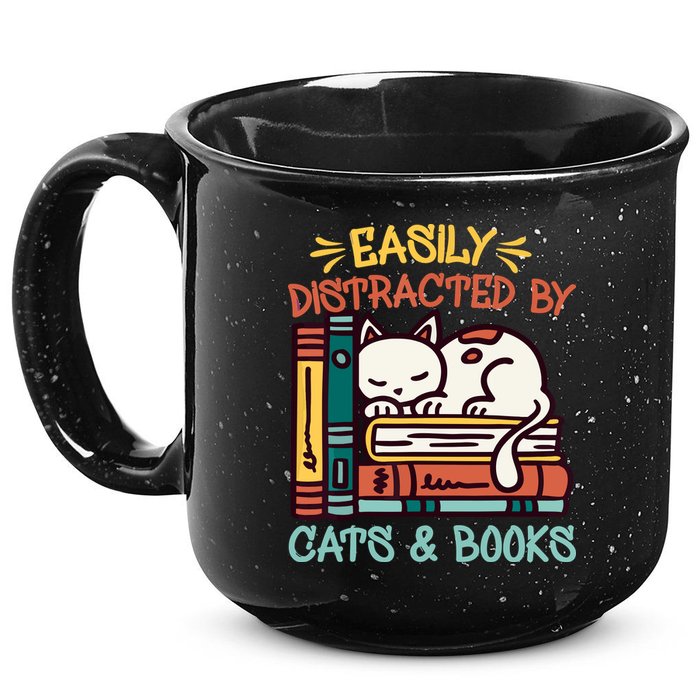 Easily Distracted By Cats And Books Cat & Book Lover 15oz Campfire Ceramic Mug