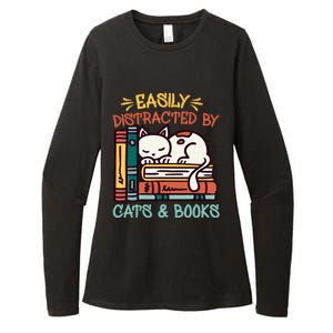 Easily Distracted By Cats And Books Cat & Book Lover Womens CVC Long Sleeve Shirt