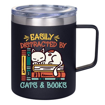 Easily Distracted By Cats And Books Cat & Book Lover 12oz Stainless Steel Coffee Mug
