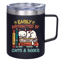 Easily Distracted By Cats And Books Cat & Book Lover 12oz Stainless Steel Coffee Mug