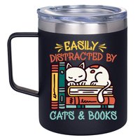 Easily Distracted By Cats And Books Cat & Book Lover 12oz Stainless Steel Coffee Mug
