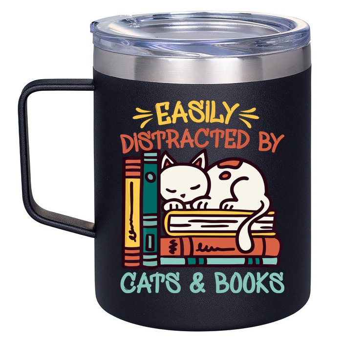 Easily Distracted By Cats And Books Cat & Book Lover 12oz Stainless Steel Coffee Mug